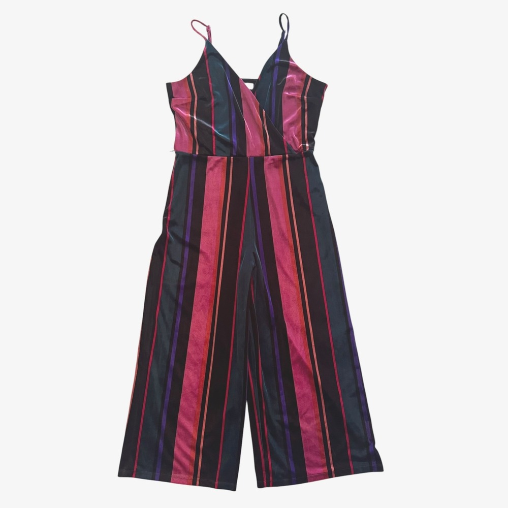 Speechless XL L Velvet Striped Wide Leg Crop Jumpsuit Pink Purple festival Boho